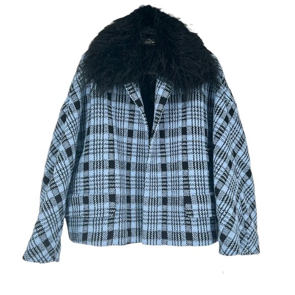 NWT Dries Van Noten Blue Plaid Faux Fur Lined Hooded Open Jacket - Picture 1 of 9